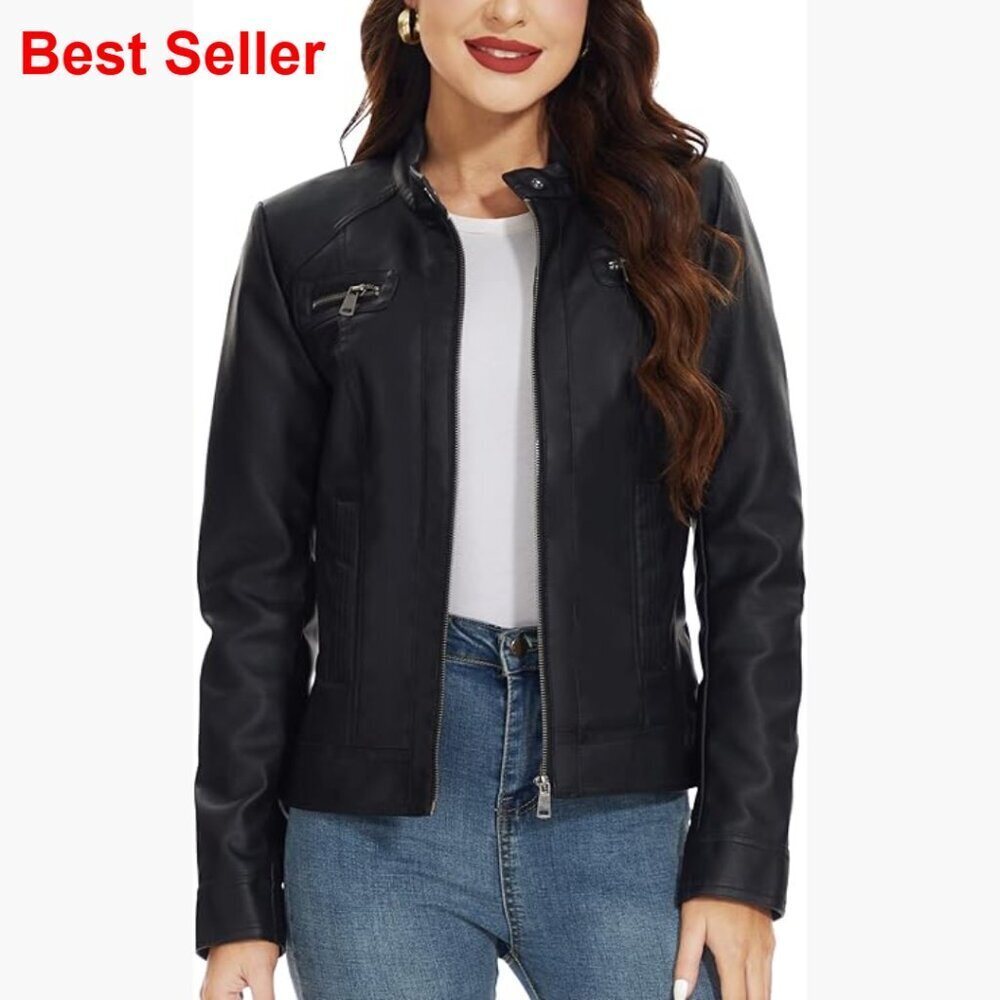 Faux Leather Motorcycle Jacket with Zipper Closure Slim Fit